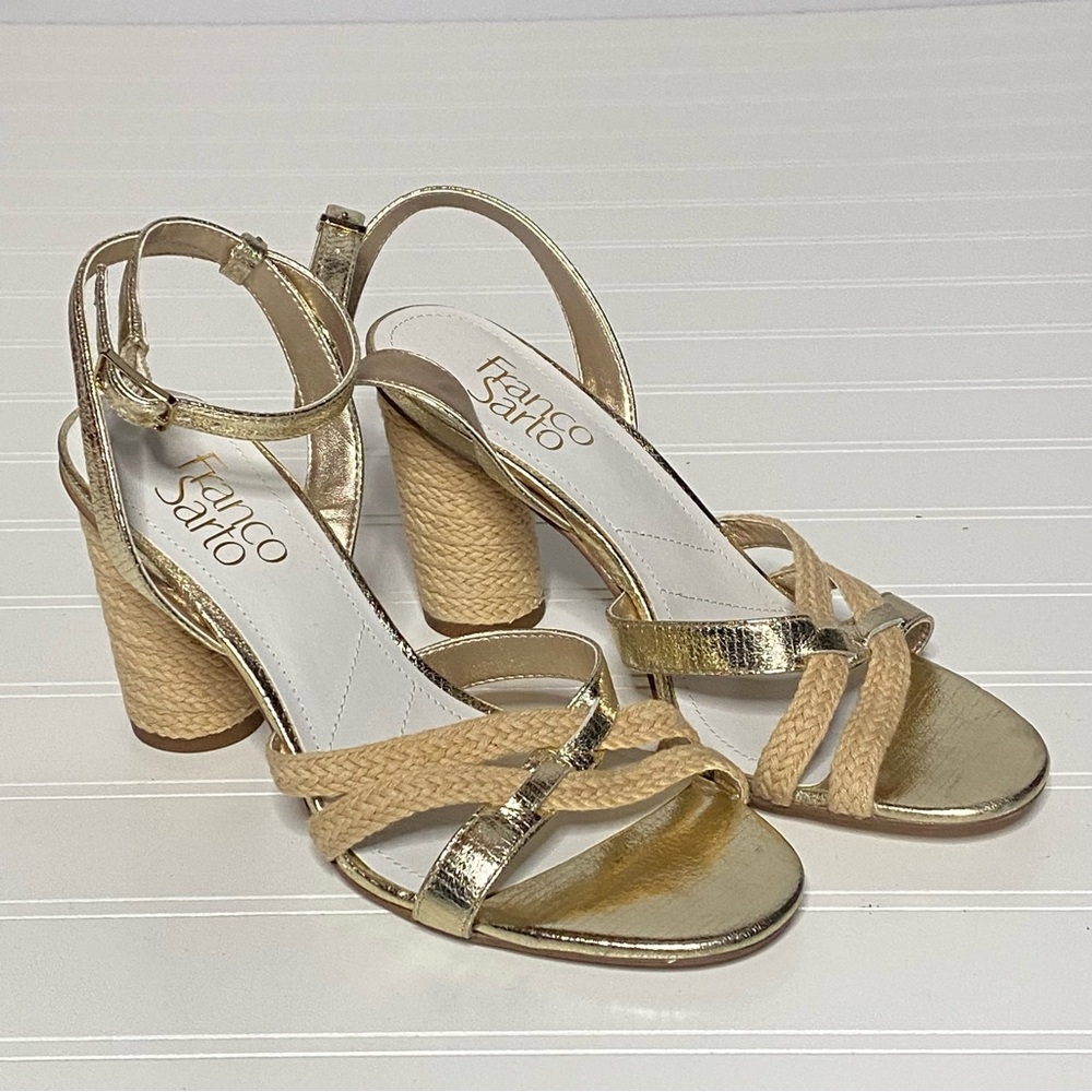 Franco Sarto Olina Gold Wicker Block Heel Sandals • 6.5M